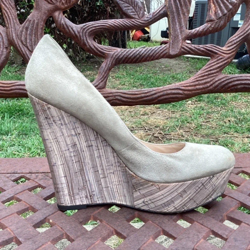 Jean Michel Cazabat Tabia Taupe Suede Leather Painted Wedge Heels Size 38